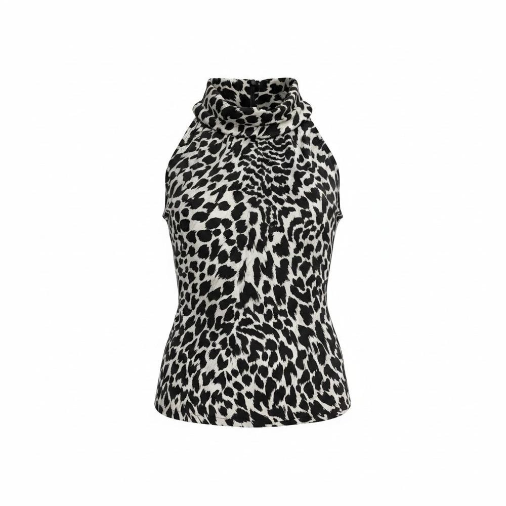 Doncaster‎ Collection Silk Leopard Print Mock Neck Halter Top Blouse Black White